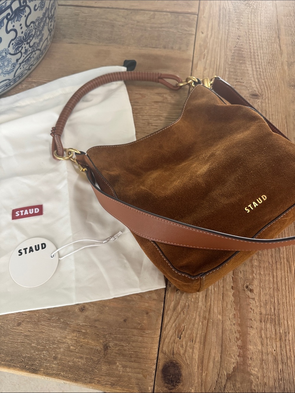 STAUD Brown Suede Shoulder Bag with Gold Hardware